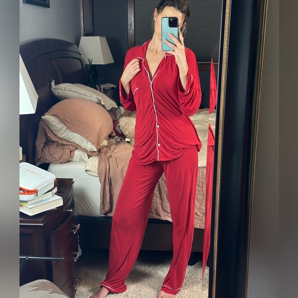 Eberjey Button-Up Pajama Set Long Sleeve Top & Pants | Small | Red - Picture 4 of 16
